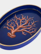 Les Ottomans Blue Hand-Painted Iron Tray with Coral