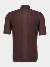 Brunello Cucinelli Dark Brown Cotton Knit Polo with Jacquard Stripes