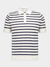 Brunello Cucinelli White and Navy Blue Striped Polo Sweater Short Sleeve