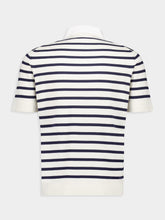 Brunello Cucinelli White and Navy Blue Striped Polo Sweater Short Sleeve