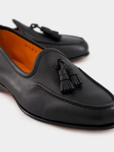 Santoni Black Leather Andrea Tassel Loafer