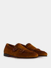 Santoni Light Brown Suede Double Buckle Loafers