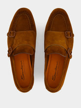 Santoni Light Brown Suede Double Buckle Loafers