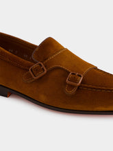 Santoni Light Brown Suede Double Buckle Loafers