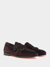 Santoni Dark Brown Suede Double-Buckle Loafers