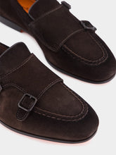 Santoni Dark Brown Suede Double-Buckle Loafers