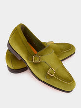 Santoni Olive Suede Monk Strap Loafers