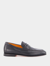 Santoni Black Polished Penny Leather Loafers