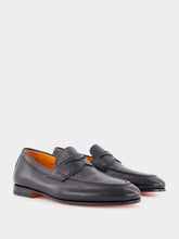 Santoni Black Polished Penny Leather Loafers