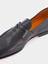 Santoni Black Polished Penny Leather Loafers