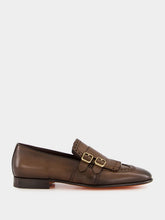 Santoni Dark Brown Leather Double Buckle Shoes