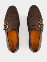 Santoni Dark Brown Leather Double Buckle Shoes