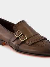 Santoni Dark Brown Leather Double Buckle Shoes