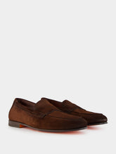 Santoni Brown Suede Penny Loafers