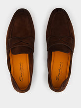 Santoni Brown Suede Penny Loafers