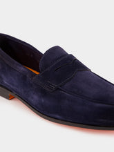 Santoni Blue Suede Penny Carlos Loafers