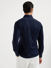 Brunello Cucinelli Dark Blue Silk-Cotton Spread Collar Shirt