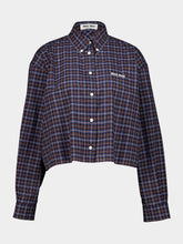 Miu Miu Blue and Cacao Embroidered Cotton Check Shirt