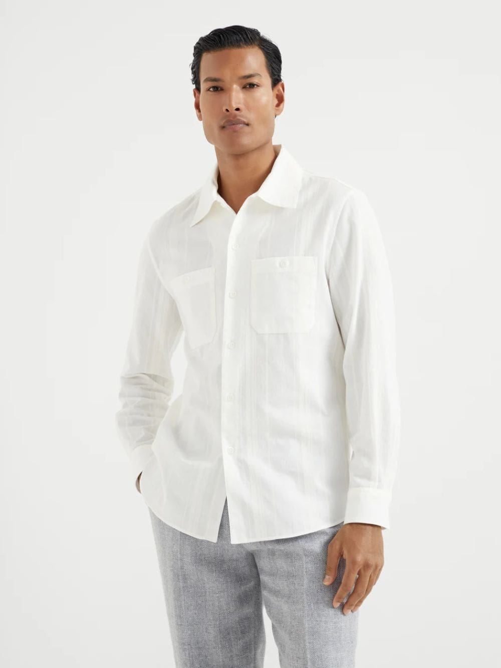 Brunello Cucinelli White Tone-on-Tone Jacquard Stripe Shirt with Chest Pockets | Fashion Clinic Brunello Cucinelli White Tone-on-Tone Jacquard Stripe Shirt with Chest Pockets | Fashion Clinic