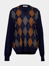 Miu Miu Navy Argyle Wool V-Neck Sweater