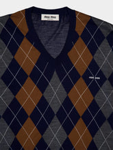 Miu Miu Navy Argyle Wool V-Neck Sweater