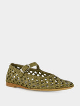 Le Monde Beryl Khaki Woven Leather Mary Jane Flats