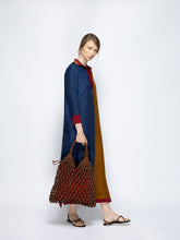 Paula Siena Navy Caramel Silk V-Neck Long Dress