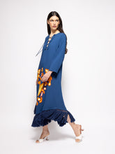 Paula Onyx Estate Blue Chenille Embroidered Dress with Fringes