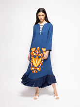 Paula Onyx Estate Blue Chenille Embroidered Dress with Fringes