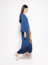 Paula Onyx Estate Blue Chenille Embroidered Dress with Fringes