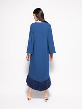 Paula Onyx Estate Blue Chenille Embroidered Dress with Fringes