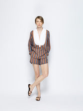 Paula Bella Blue Stripes Embroidered Linen Shirt with Bib