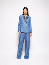 Paula Ava Denim Double-Breasted Blazer with Silk Lapel