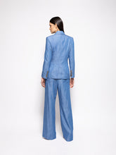 Paula Ava Denim Double-Breasted Blazer with Silk Lapel