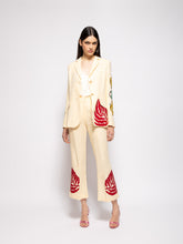 Paula Azalea Vanilla Custard Linen Flared Pants with Embroidered Patches