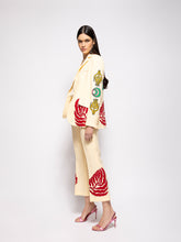 Paula Azalea Vanilla Custard Linen Flared Pants with Embroidered Patches
