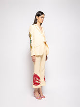 Paula Azalea Vanilla Custard Linen Flared Pants with Embroidered Patches
