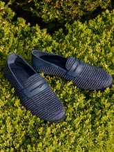 Manolo Blahnik Padstow Navy Blue Raffia Penny Loafers