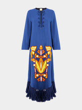 Paula Onyx Estate Blue Chenille Embroidered Dress with Fringes