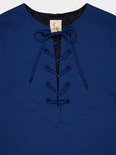 Paula Onyx Estate Blue Chenille Embroidered Dress with Fringes