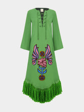 Paula Onyx Treetop Chenille Embroidered Dress with Fringes
