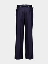 Blue Straight-Leg Wool Trousers with Leather Belt