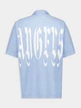 Palm Angels Light Blue Gothic Print Bowling Shirt