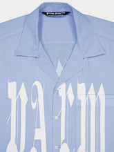 Palm Angels Light Blue Gothic Print Bowling Shirt