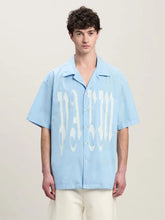 Palm Angels Light Blue Gothic Print Bowling Shirt