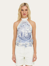 Ferragamo Blue Voyage Print Silk Halter Top