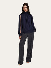 Ferragamo Navy Blue Gathered Top with Shoulder Slit Detail