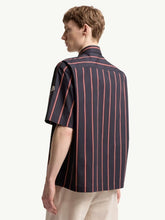 Moncler Navy Blue and Red Striped Cotton Poplin Short Sleeve Shirt