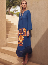 Paula Onyx Estate Blue Chenille Embroidered Dress with Fringes