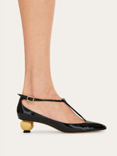 Ferragamo Black T-Strap Pumps with Gold Heel